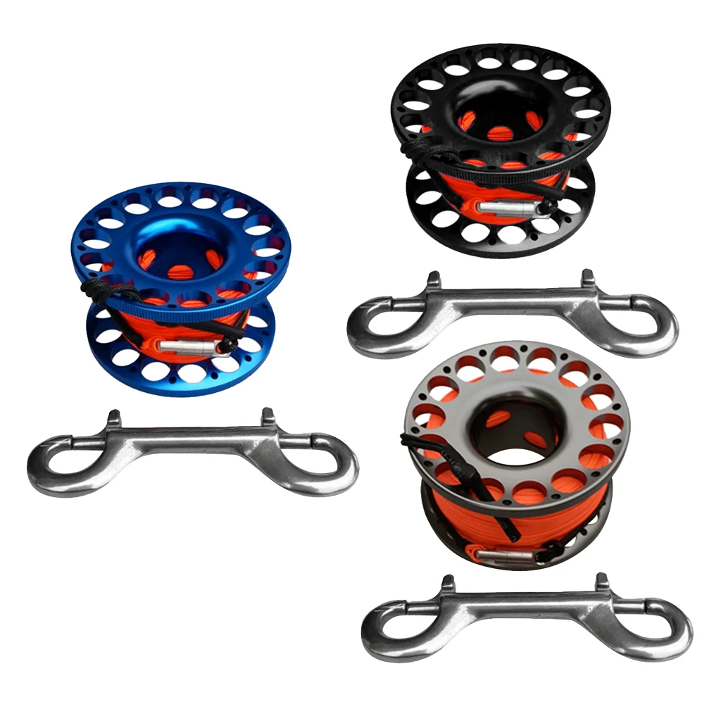 

3xDiving Aluminum Alloy Finger Reel Spool 30m Line Bolt Snap Blue+Grey+Black Guide Line 45 ft Small Finger Reel