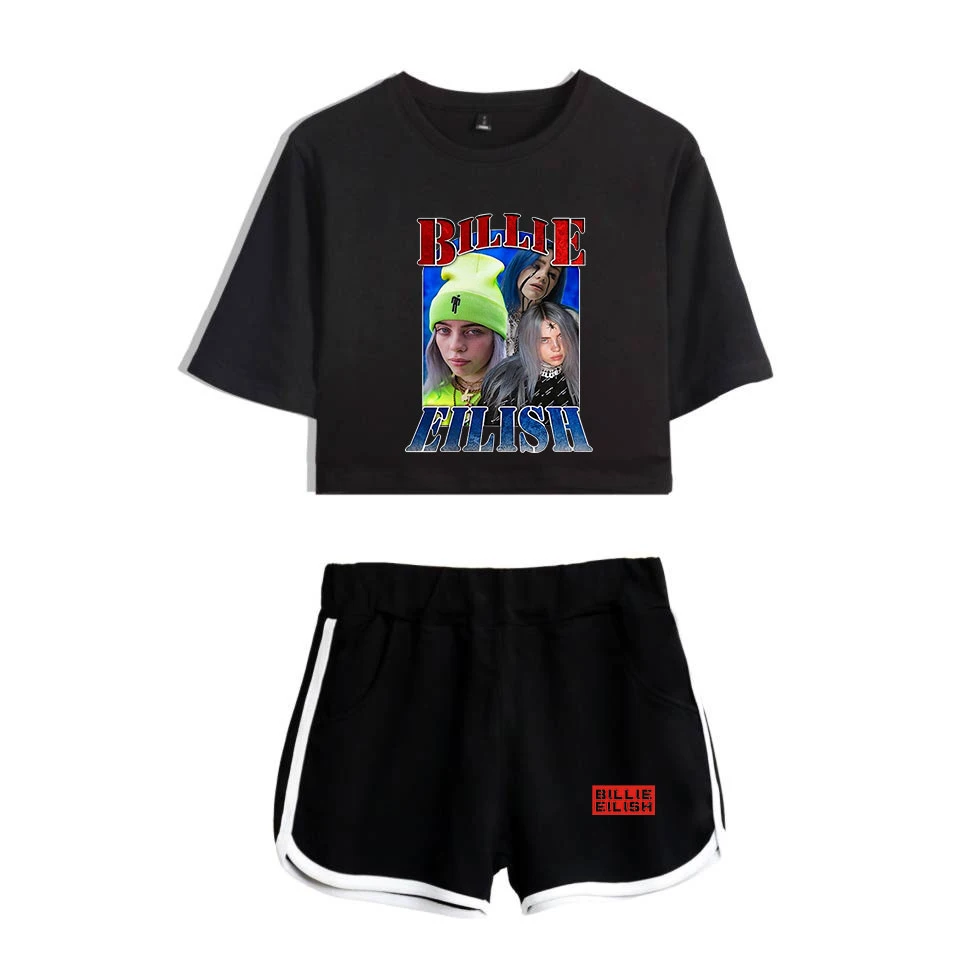 Popular new to Billie Eilish black short belly button T-shirt+ white shorts fashion women casual cotton girl two-piece
