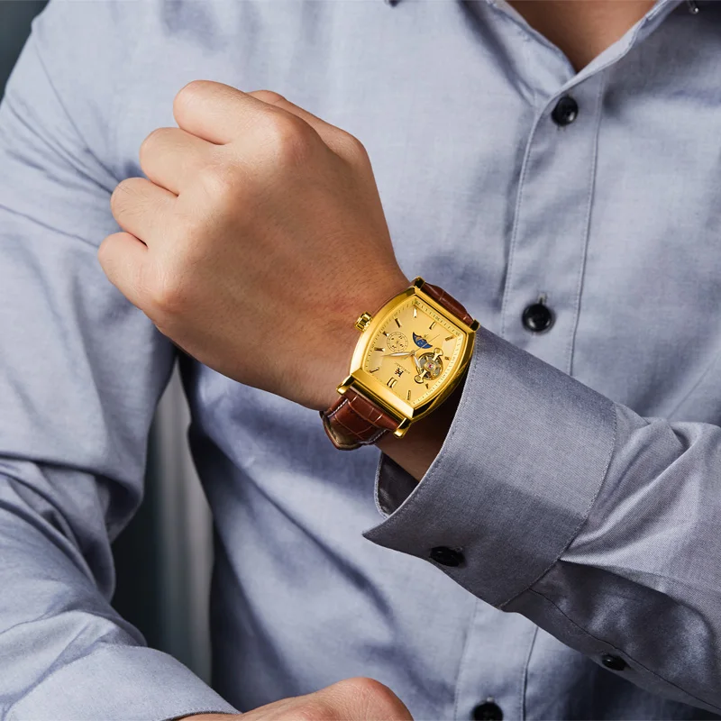 AOKULASIC для мужчин s Новая мода кожаный ремешок Малый 24 часа дисплей Tonneau Moonphase Tourbillon автоматические часы для мужчин спортивные часы