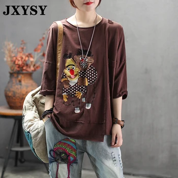 

JXYSY T-Shirt Women Clothes 2020 Summer Casual Vintage Cartoon Patchwork Hole Half Sleeve Loose Cotton T-shirt Female Tops