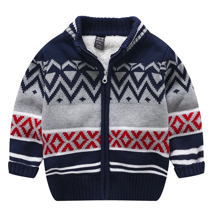 

Autumn And Winter New Style Korean-style BOY'S plus Velvet Sweater Coat Children BOY'S Warm Zipper Cardigan Sweater