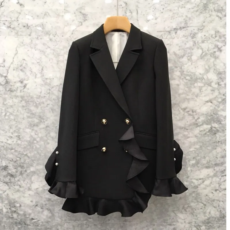 Осенний тонкий элегантный пиджак с рюшами, женские топы, корейский черный офисный Блейзер, темпераментный двубортный блейзер