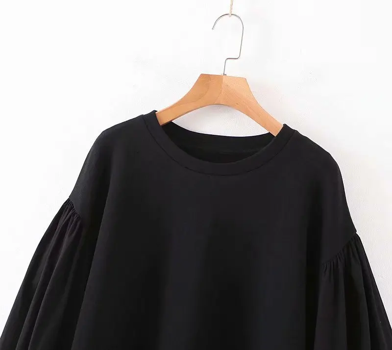Черные толстовки с рукавами-фонариками женские пуловеры с круглым вырезом Свободные топы куртки корейская мода осень