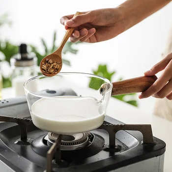 

400/600ml Glass with Acacia Wood Milk Heating Pot Baking Sauce Pan Food Cooker Noodle Roll Soup Cooking Kitchen Cookware