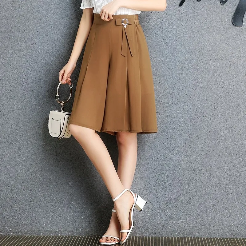 KHAKI new style Женские шорты Юбки с высокой талией шифоновые шорты летние свободные широкие плиссированные шорты Feminino Большие размеры Pantalones Cortos Mujer - Цвет: KHAKI new style