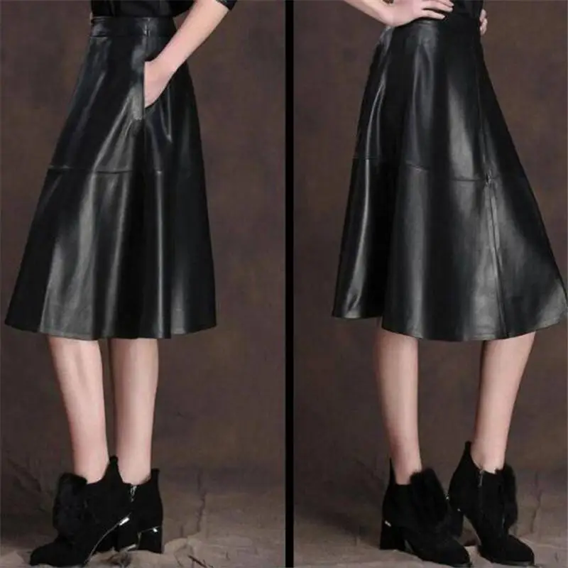 Новая осенне-зимняя женская модная тонкая юбка трапециевидной формы с высокой талией из натуральной кожи женская миди плиссированная удлиненная юбка-колокол Saia R294
