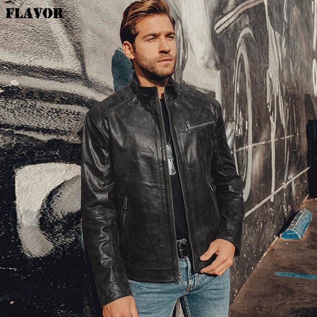 New Men’s Real Leather Jacket with Genuine Pigskin Leather Motorcycle Jacket Coat Men
