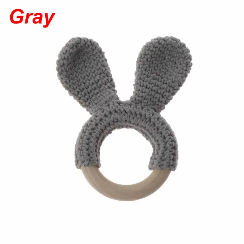 Baby Teether Bunny Ear Crochet Wooden Ring Safe Organic Wood Teething Rattle Toy Shower Gift safe teething toys - Цвет: Gray