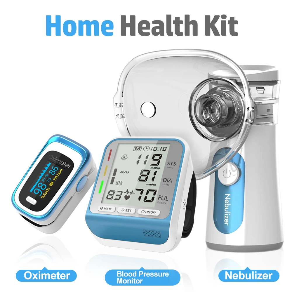 KIUZOU Fingertip Pulse Oximeter & Handheld Asthma Inhaler Mesh Nebulizer & Wrist Blood Pressure Monitor Sphygmomanometer 3in1kit