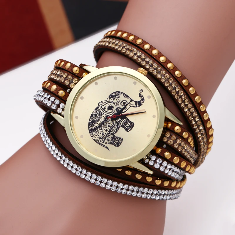 

New Fashion casual DIY Elephant Pattern Women Dress Watches National Weave Gold Bracelet montre femme ladies watch