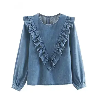 

2019 New Fall Women O Neck Long Sleeve Blouse Ruffles Vintage Chic Ruffled Denim Shirts Female Loose Casual Shirts