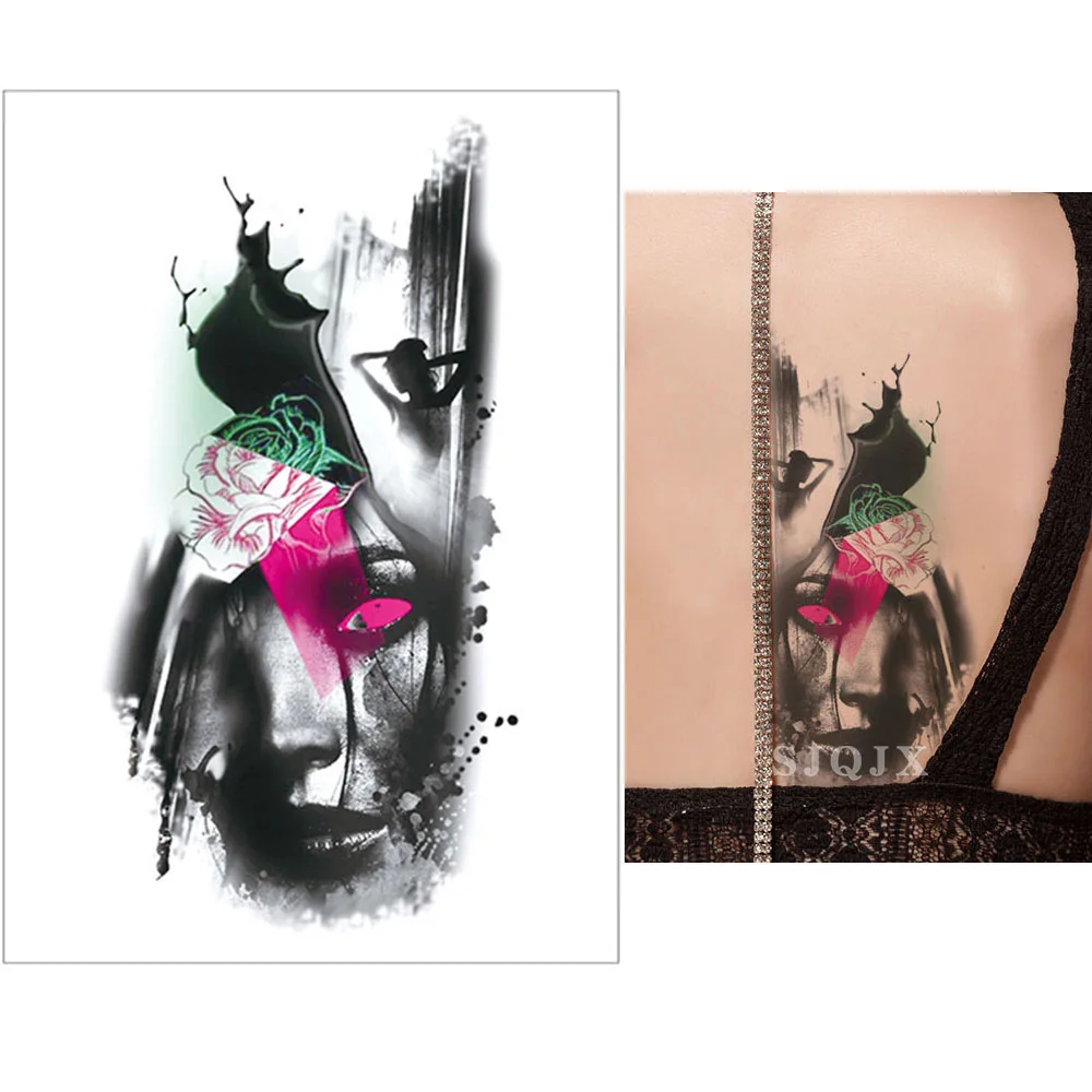 Женская временная татуировка, цветок, человеческое лицо, Снежная лиса, Бабочка, аранейд, акварельная татуировка, черные, белые, водонепроницаемые временные татуировки - Цвет: B
