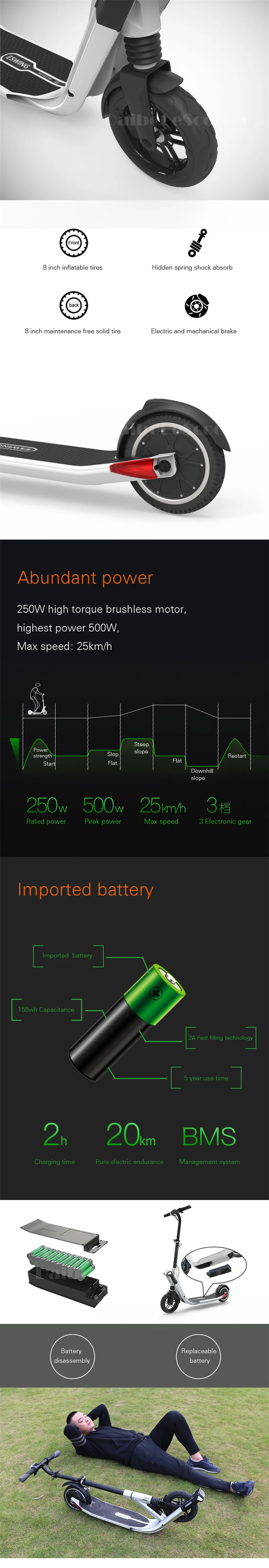 Daibot Kick Scooter Bike Two Wheel Electric Scooters 8 Inch 36V Single Motor 250W Folding Portable Electric Scooter Adult (8)
