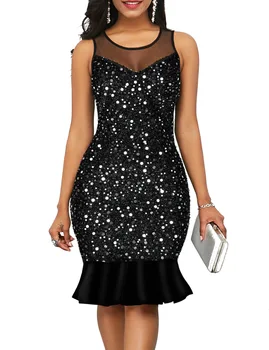 

BGW Scoop Neck Sleeveless Mermaid Sequined Cocktail Dresses Zipper Illusion Back 2019 Cocktail Party Women Dress