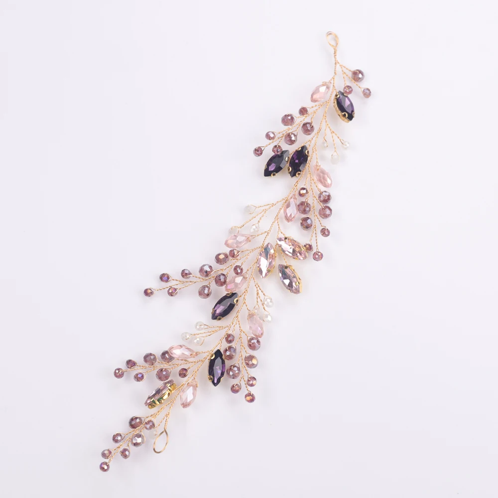 Crystal Wedding Purple Rhinestones Pink Crystals Gold Headband Hair Vine Gold Bridal Headpiece Flower Hair Accessories for Brid hair accessories bridal hair accessories bridal jewelry set