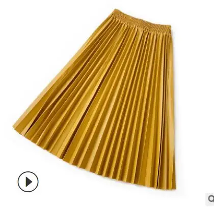 yellow Плиссированная юбка из искусственной кожи с высокой талией Женская осенне-зимняя элегантная юбка средней длины юбки женская желтая Зеленая кожаная юбка qh2012 - Color: yellow