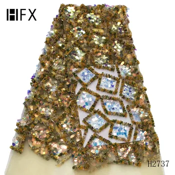 

HFX 2019 New Design African Lace Fabric High Quality French Embroidered Tulle Lace Fabric with Sequins F2737