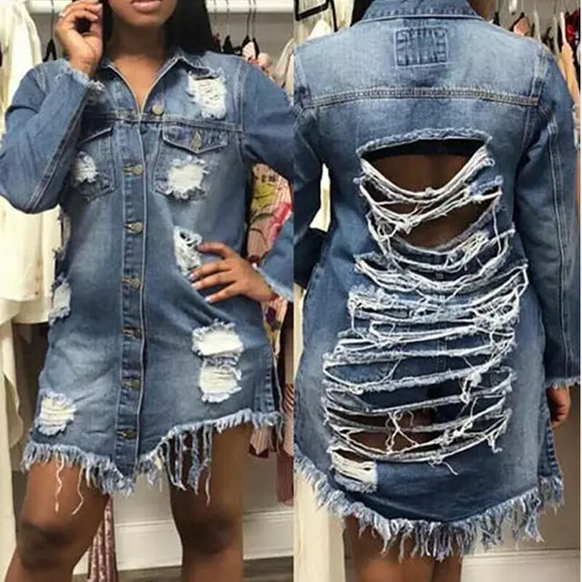 2020 Womens denim Coat Autumn Oversize Hole Patch Denim Ripped Jeans Distressed casual long denim Jacket vintage Slim denim Coat 1