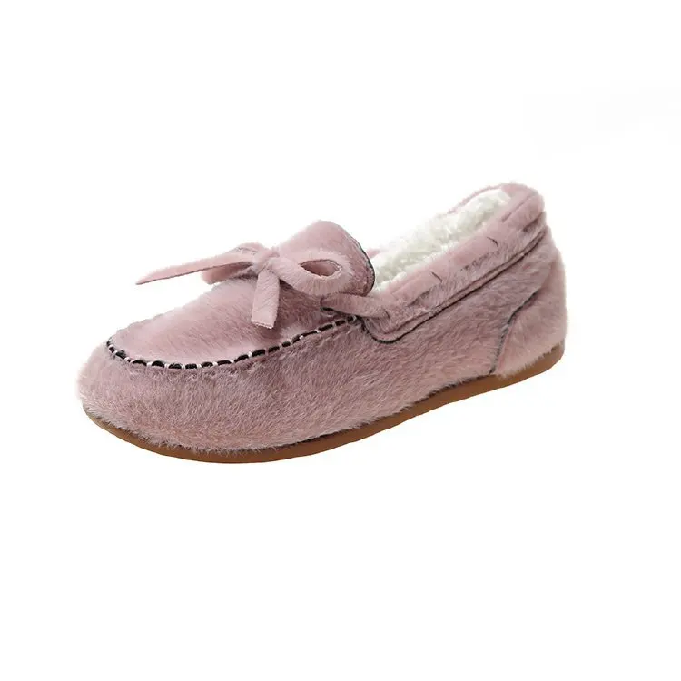 women Korean casual round toe shallow loafers winter warm lace-up bow-tied slip on moccasins brand sewing fur cotton shoes