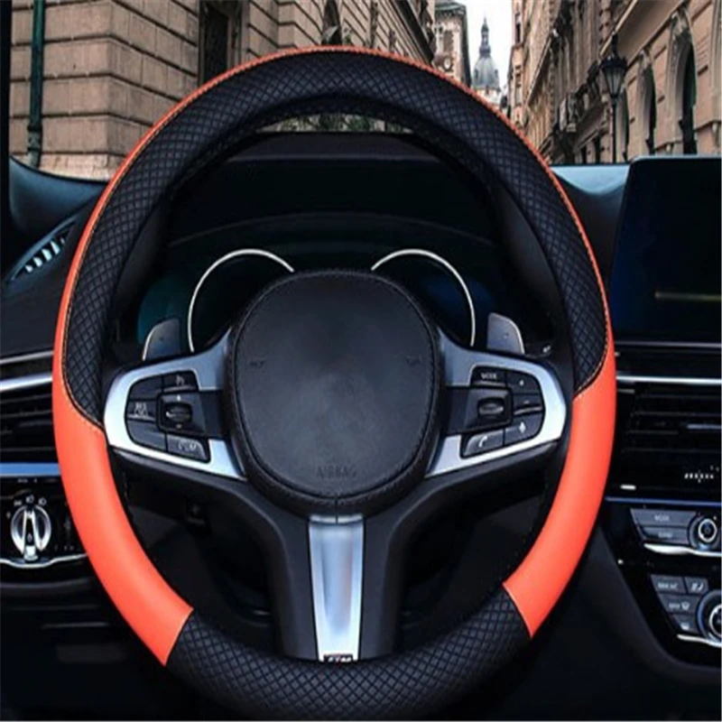 Orange Чехлы рулевого колеса автомобиля 38 см четыре сезона универсальный кожаный чехол на руль автомобиля Противоскользящий авто аксессуары - Название цвета: Orange