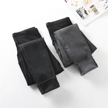 

9980# Winter Thicken Warm Plus Velvet Denim Maternity Jeans Adjustable Belly Pants Clothes for Pregnant Women Pregnancy Trousers