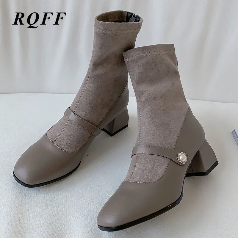 

Size 33 43 New Autumn Winter Ankle Boots for Women Pu Leather Patchwork Fashion Square High Heel Rear Zip Mary Jane Shoes Black