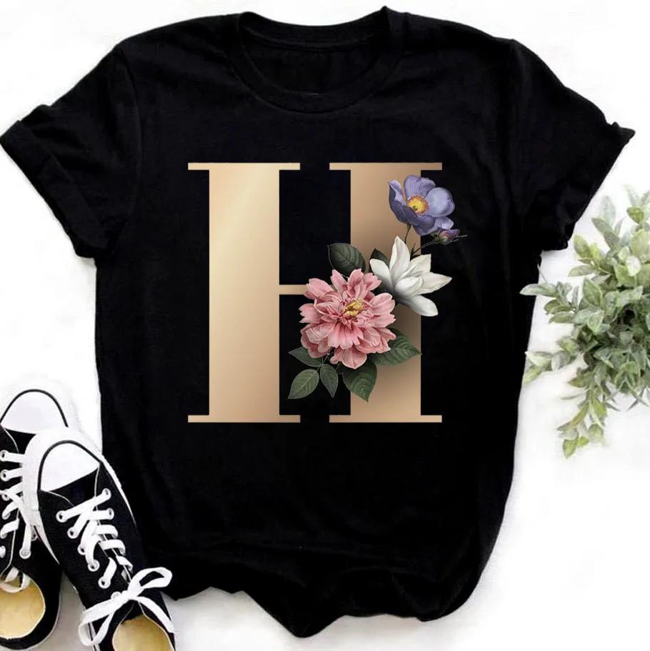 Hbfc57143ef274589966c80aa025d6646E - Flower Letter Combination T-shirt
