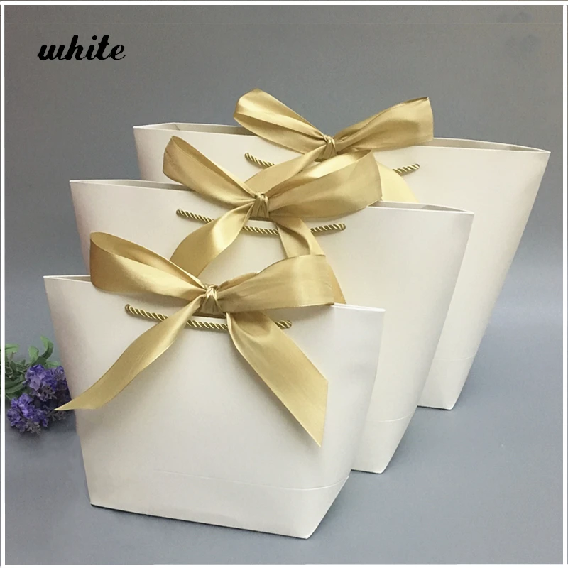 10Pcs Favor Bow Ribbon Gift Bag Recyclable DIY Paper Bags For Clothes Wedding Birthday Party With Handle s Celebration Decor