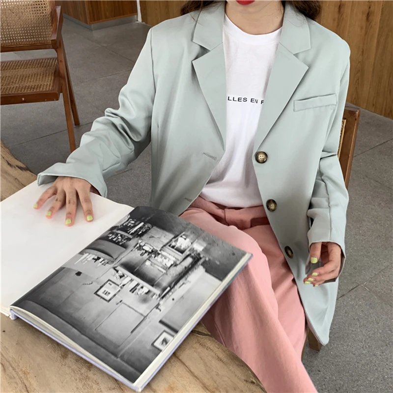 

Casual Loose Light Green Women Jacket Single-breasted Pockets Women Blazer 2019 Autumn Elegant Notched Female Blazer Outerwear