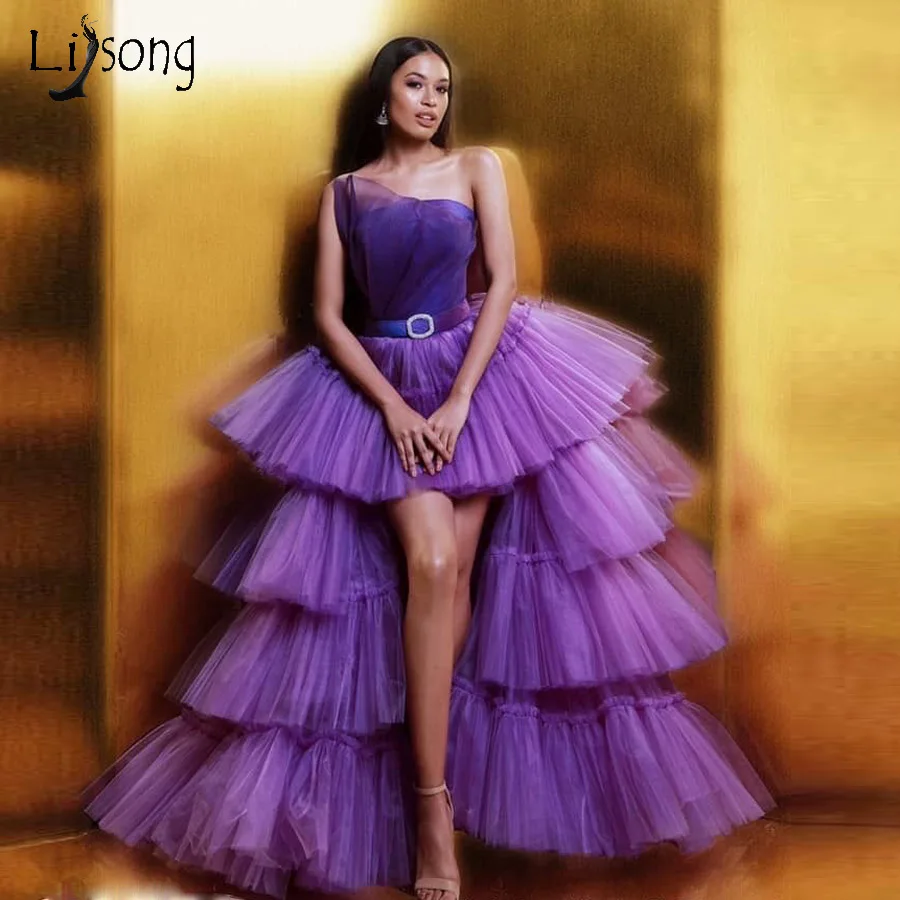 Sexy Purple High Low Tulle Prom Dresses 