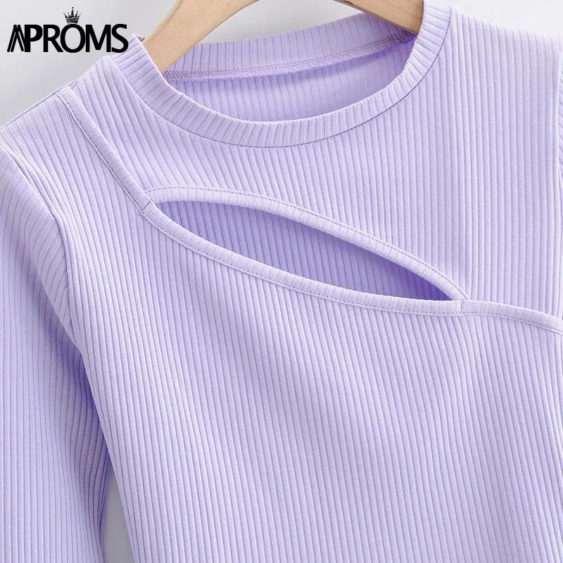 Aproms Elegant Autumn Ribbed Knitted Long Sleeve T-shirt Women 2020 Sexy Bodycon Crop Top Female Street Fashion Black Tshirt Tee