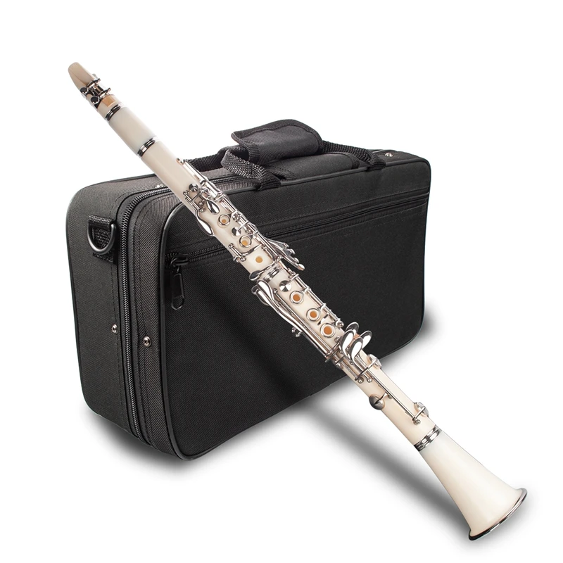 ABUO-NAOMI ABS B Display Clarinet with 2 Barrel Protector Bracket Pocketbook Mouthpiece 10 Reed and More, White