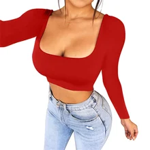 

2021 New Sexy Short Women's Casual Square Neck Long-sleeved Bottoming Shirt Nightclub Trend Tight T-shirt Top