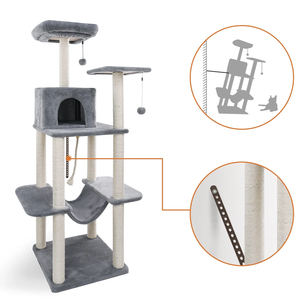 Pet Cat Climbing Tree Cat Condo Kitty Tower with Scratching Post Hammock Bed Multi Level Cat Climbing Activity Tree for Cats