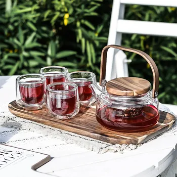 

Glass flower tea set Nordic fruit teapot teacup set retro afternoon tea pot with filter belt wooden holder tray