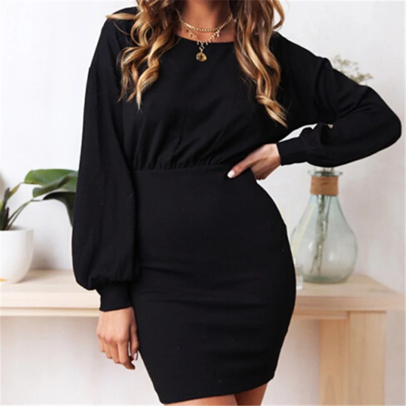 Womens Dresses Women Long Sleeve Dress Vintage Ladies Solid Bodycon Pencil Mini Dress Women Dresses Evening Party Costume