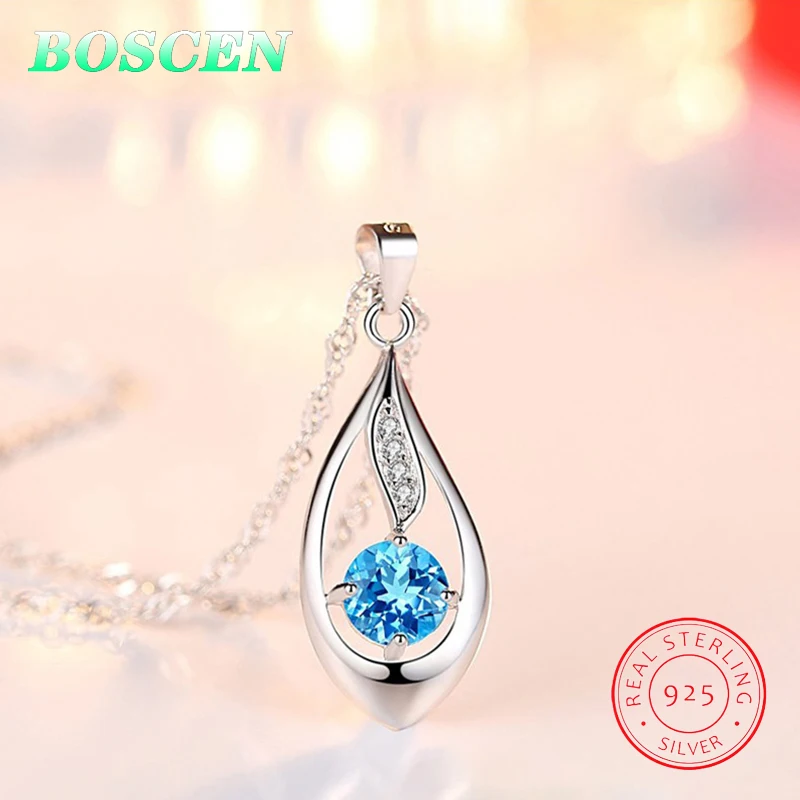 BOSCEN, драгоценный камень, циркон, 925 пробы, серебряная подвеска, ожерелье для женщин, девушек, подарок на день рождения,, капли воды, рыба, сапфир, милый