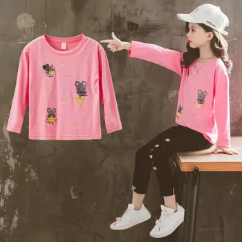 

New Fashion 6 8 12 Years Girls Shiny T-Shirt Long-Sleeve Fall Tee Tops Kids Cartoon Pattern Clothes Children Birthday Party Wear