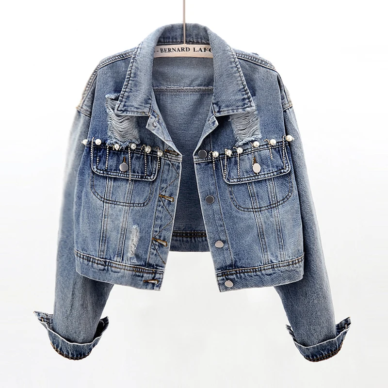 

Spring Autumn Vintage Frayed Loose Short Denim Jacket Coat Women Beading Tassel Outwear Female Casual Long sleeve Jeans Jacket