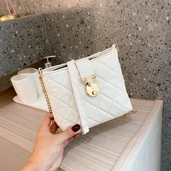 

Fashion Chain Crossbody Bag For Women 2020 Lattice Pattern Bucket Shoulder Handbags PU Leather Solid Color Satchel Messenger Bag
