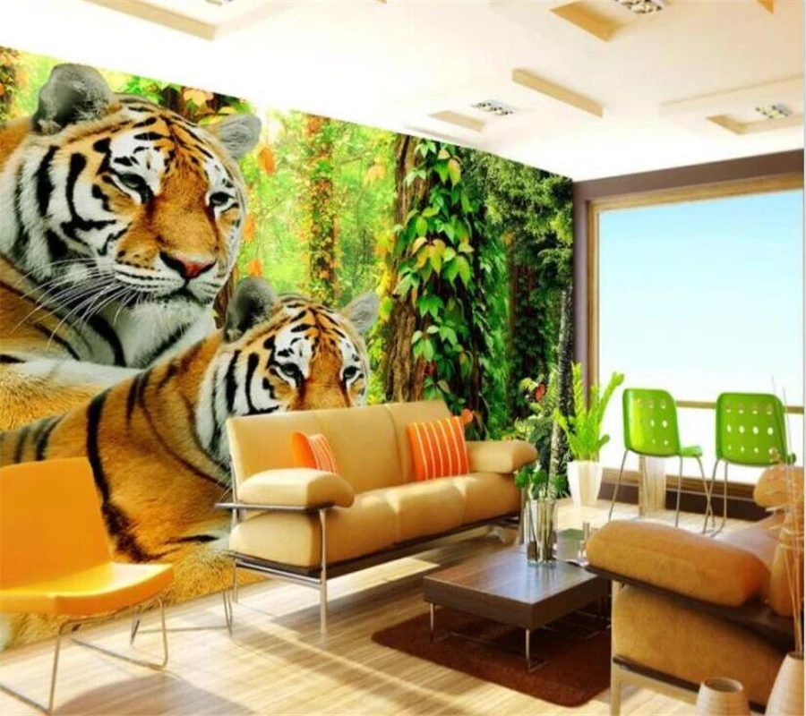 parede tigre selva floresta mural 3d papel de parede papéis de parede em 3D  para TV pano de fundo