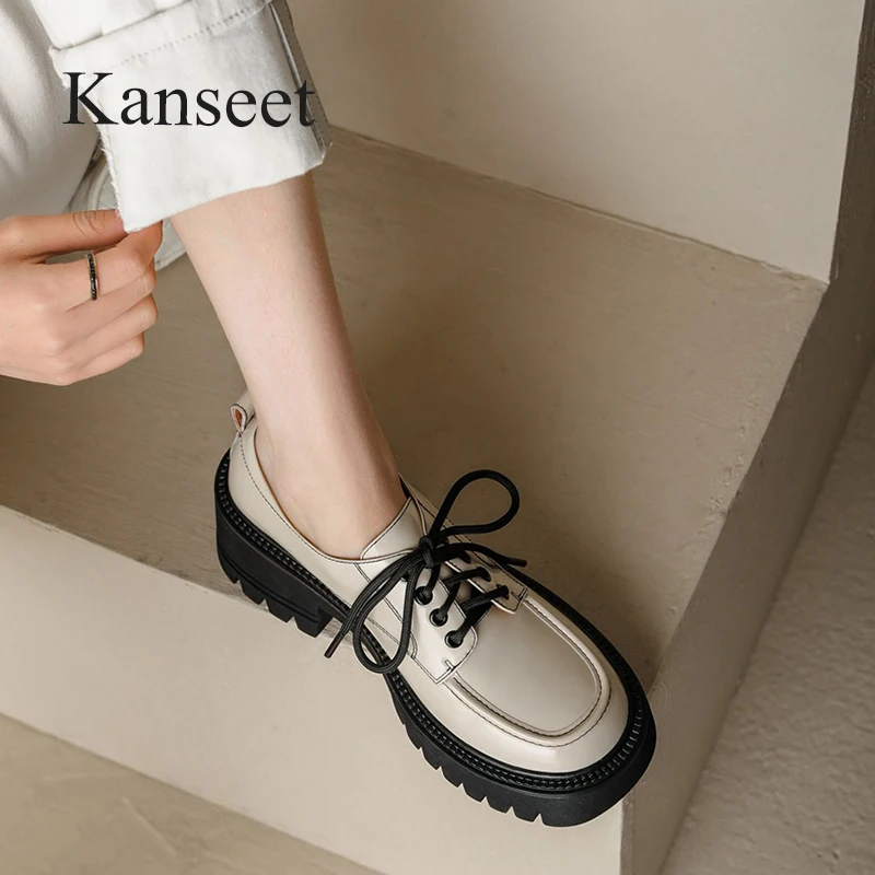 

Kanseet Women Shoes New 2022 Spring Round Toe Cross-Tied Handmade Genuine Leather Chunky Heel Casual Ladies Platform Footwear 40