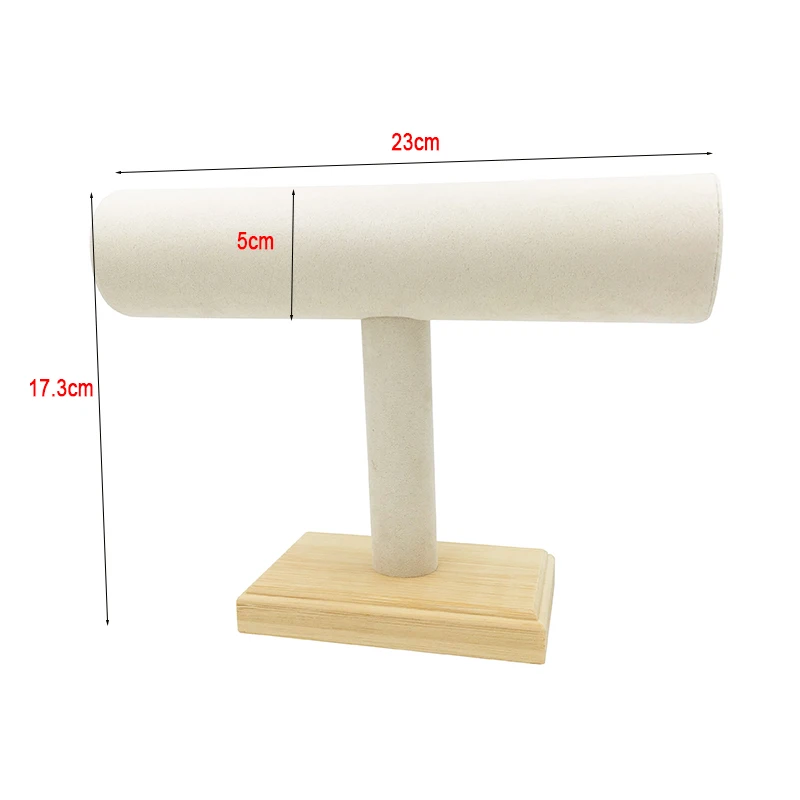 Beste 1Pc Bamboe Hout Enkele Tier T Bar Rack Armband Horloge Armband Display Houder Stand Donker Grijs Beige fluwelen Organizer