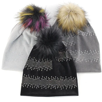 

Geebro Beanie Hat Wave Rhinestone Pullover Cap Adult Skull Cap For Woman Girls Winter Warm With 15cm Faux Fur Pompom Hairball