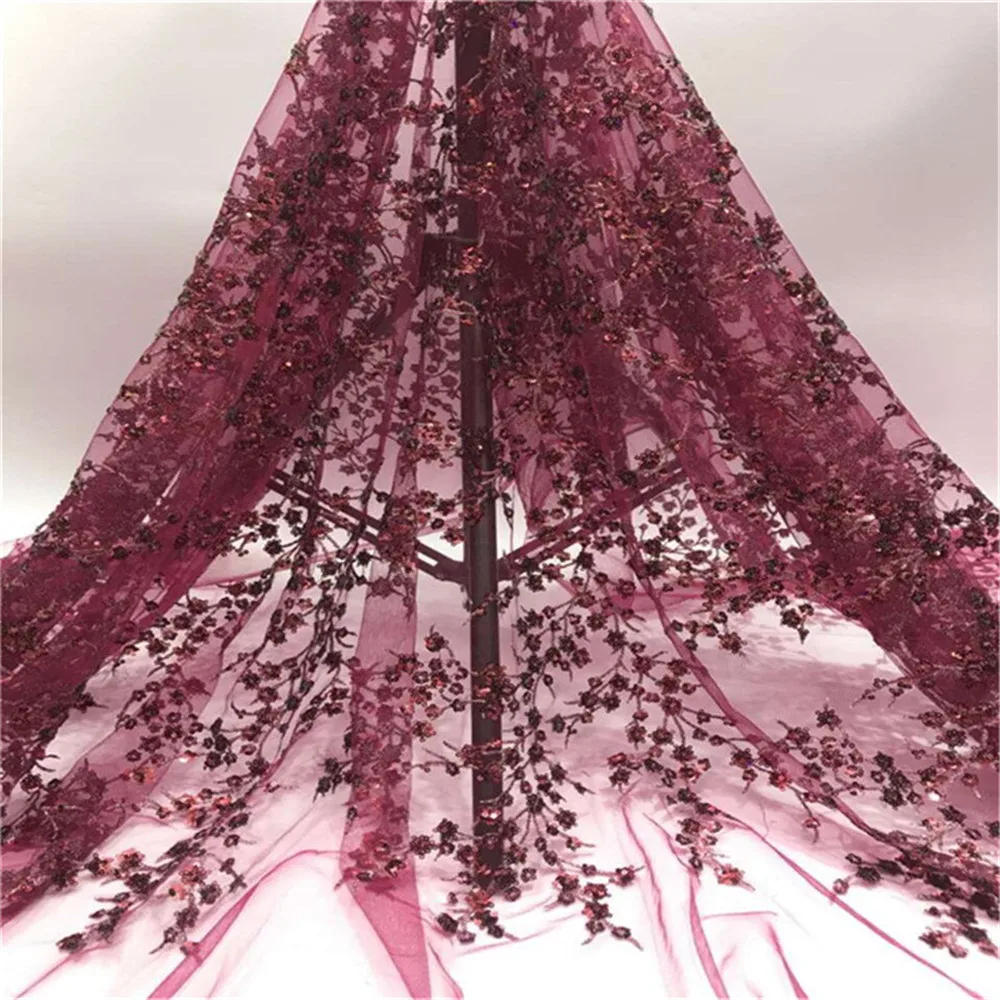 Высококачественная африканская кружевная ткань с 3d блестками красная