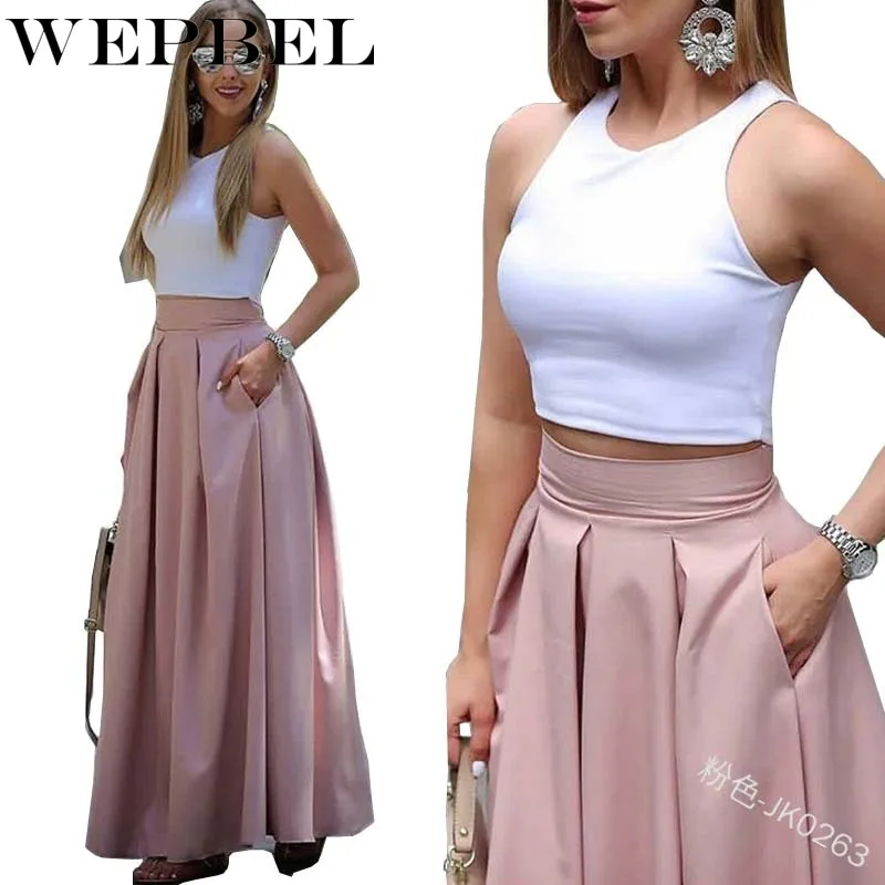 

WEPBEL Women Solid High Waist Skirt Ruffles Casual Fashion A Line Ladies Long Skirt