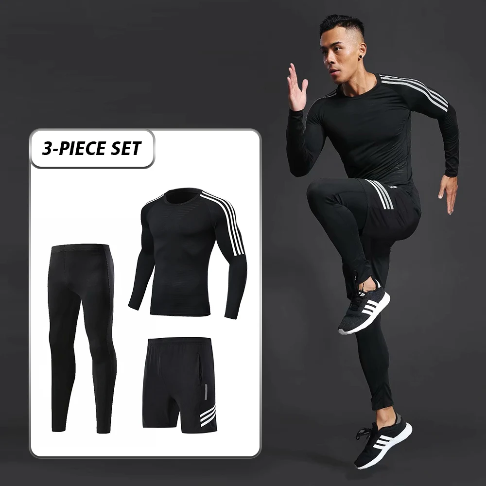 Мужской спортивный компрессионный комплект для бега, футболка+ штаны, облегающий, с длинным рукавом, для фитнеса, ММА, Рашгард, одежда для фитнеса, одежда для йоги - Цвет: 3-piece set