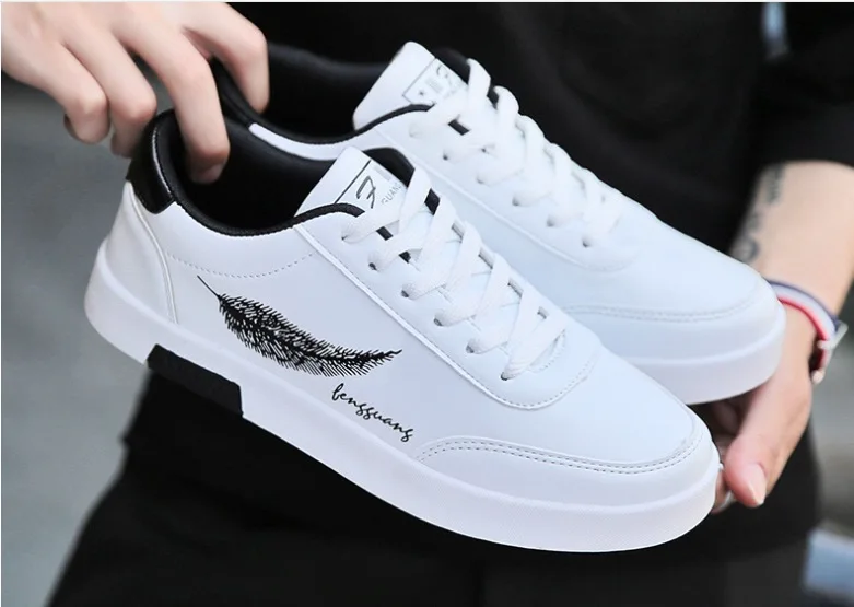 

2019 new men's casual shoes embroidery feather leisure sports lace-up shallow Color matching Thick bottom wear-resisting