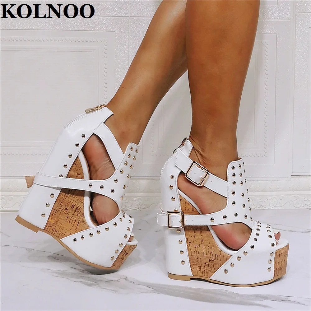 

Kolnoo New Handmade Ladies Wedges Heels Sandals Real Photos Rivets Spikes Sexy Party Prom Shoes Clasic Fashion White Large Shoes