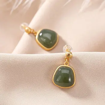 

New silver inlaid Hetian Chalcedony earrings Chinese style retro unique ancient gold craft light luxury charm women's jewelry